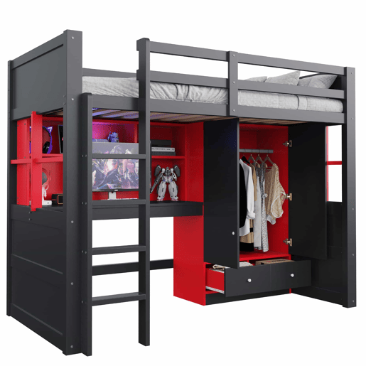 Cama alta 90 x 200 cm u2013 com escada, espaço de arrumação, secretária, roupeiro e gavetas, estilo gaming para crianças e jovens u2013 preto e vermelho