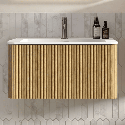 Móvel de casa de banho com lavatório de 81 cm u2013 suspenso, com lavatório em resina mineral, design com ranhuras, pré-montado u2013 carvalho