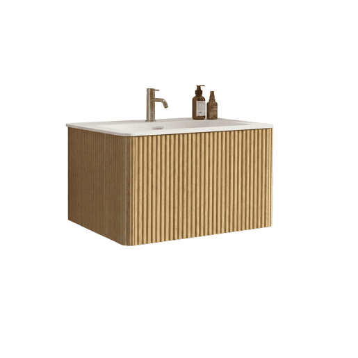 Móvel de casa de banho com lavatório de 81 cm u2013 suspenso, com lavatório em resina mineral, design com ranhuras, pré-montado u2013 carvalho