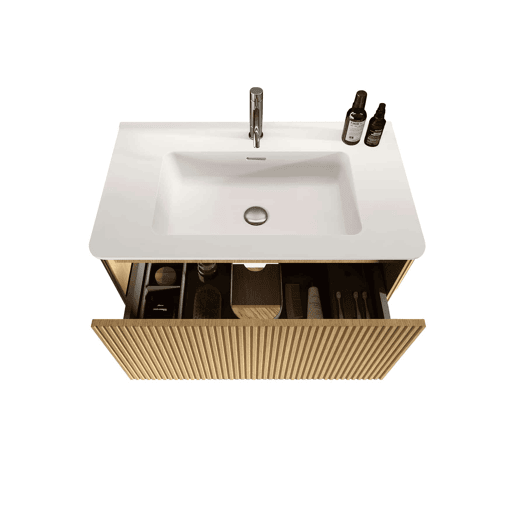 Móvel de casa de banho com lavatório de 81 cm u2013 suspenso, com lavatório em resina mineral, design com ranhuras, pré-montado u2013 carvalho