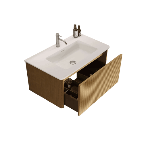 Móvel de casa de banho com lavatório de 81 cm u2013 suspenso, com lavatório em resina mineral, design com ranhuras, pré-montado u2013 carvalho