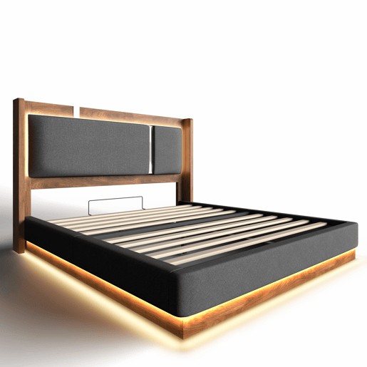 Cama de casal estofada 140x190 - com base de colchão, LED e baú, sistema hidráulico, linho cinzento e nogueira - Cinza, Nogueira Cama de casal estofada 140x190 - com base de colchão, LED e baú, sistema hidráulico, linho cinzento e nogueira - Cinza, Nogueira