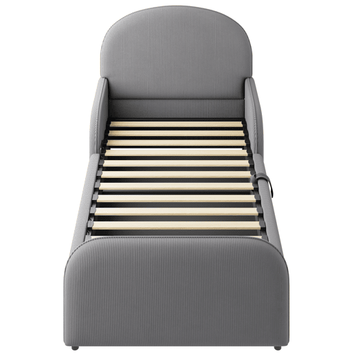 Cama infantil estofada 90x200 - com arrumação hidráulica, cabeceira alta e grades de segurança - cinzenta