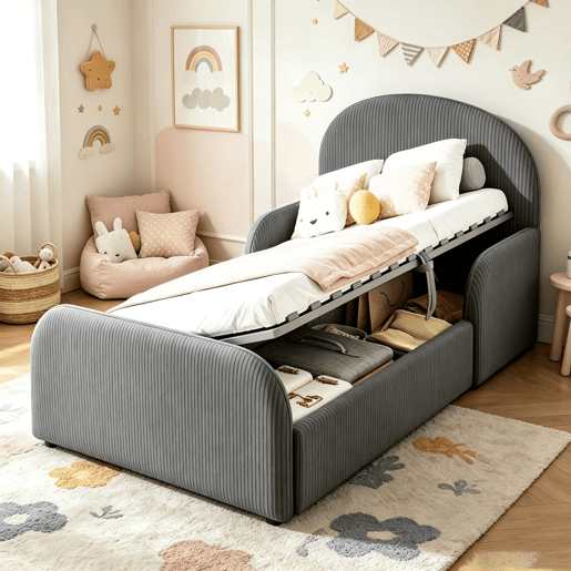 Cama infantil estofada 90x200 - com arrumação hidráulica, cabeceira alta e grades de segurança - cinzenta