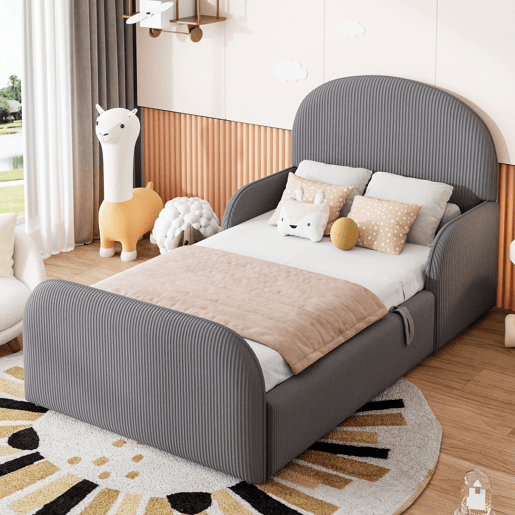 Cama infantil estofada 90x200 - com arrumação hidráulica, cabeceira alta e grades de segurança - cinzenta