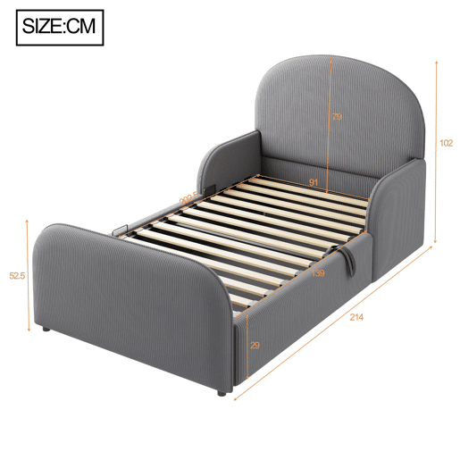 Cama infantil estofada 90x200 - com arrumação hidráulica, cabeceira alta e grades de segurança - cinzenta
