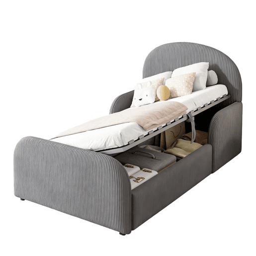 Cama infantil estofada 90x200 - com arrumação hidráulica, cabeceira alta e grades de segurança - cinzenta