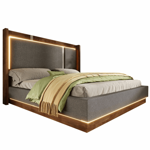 Cama de casal estofada 140x200 - base de lâminas, LED, gaveta hidráulica, linho - cinzento e nogueira Cama de casal estofada 140x200 - base de lâminas, LED, gaveta hidráulica, linho - cinzento e nogueira