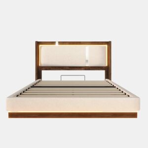 Cama de casal estofada 140x200 - base de lâminas, LED, baú de arrumação, sistema hidráulico, linho - bege e nogueira