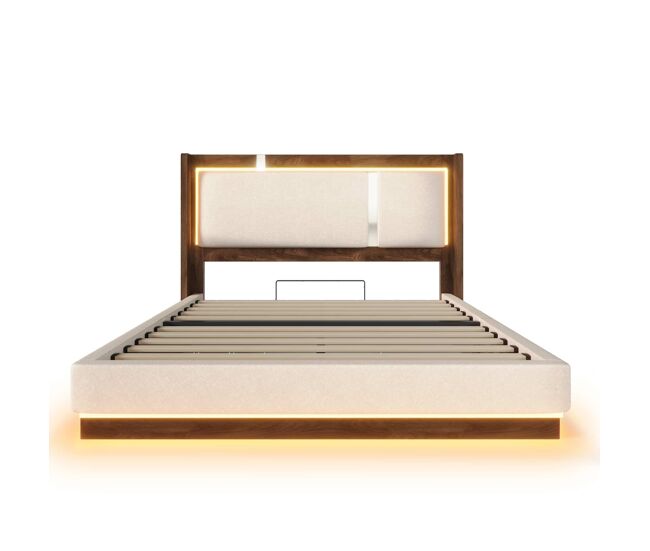 Cama doble tapizada 140x200 - somier de láminas, led, arcón de almacenamiento, sistema hidráulico, lino - beige y nogal