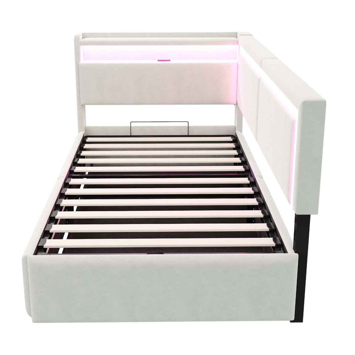 Cama sofá 90x200 cm - led, usb, cabecero abatible y almacenamiento hidráulico - beige