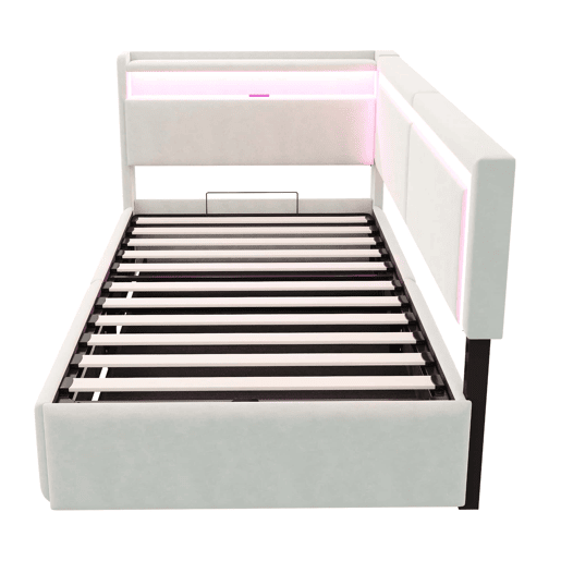 Sofá-cama 90 x 200 cm - LED, USB, cabeceira rebatível e arrumação hidráulica - Bege