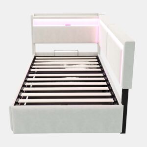Sofá-cama 90 x 200 cm - LED, USB, cabeceira rebatível e arrumação hidráulica - Bege