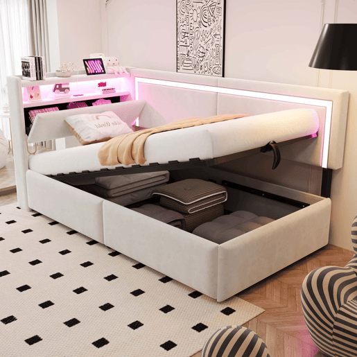 Sofá-cama 90 x 200 cm - LED, USB, cabeceira rebatível e arrumação hidráulica - Bege