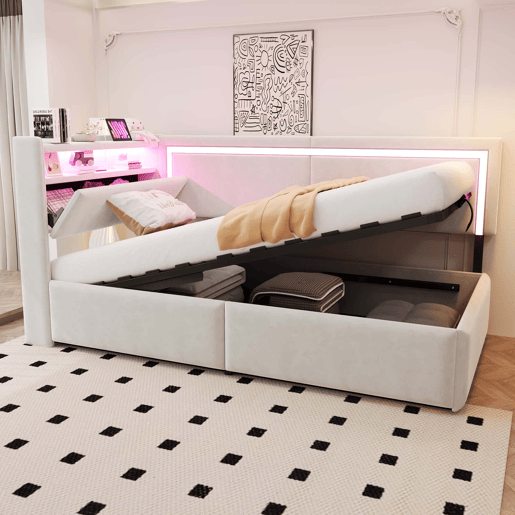 Sofá-cama 90 x 200 cm - LED, USB, cabeceira rebatível e arrumação hidráulica - Bege