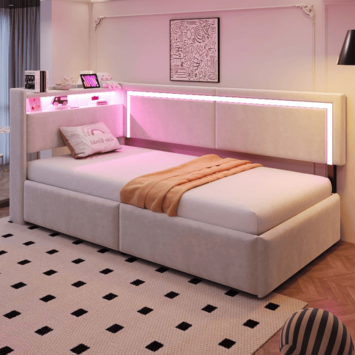 Sofá-cama 90 x 200 cm - LED, USB, cabeceira rebatível e arrumação hidráulica - Bege