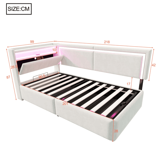 Sofá-cama 90 x 200 cm - LED, USB, cabeceira rebatível e arrumação hidráulica - Bege