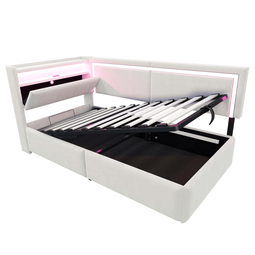 Sofá-cama 90 x 200 cm - LED, USB, cabeceira rebatível e arrumação hidráulica - Bege
