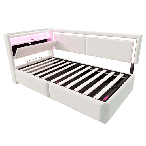Sofá-cama 90 x 200 cm - LED, USB, cabeceira rebatível e arrumação hidráulica - Bege