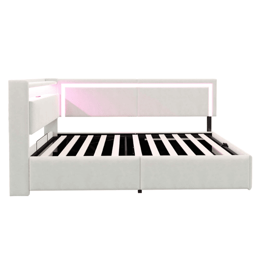 Sofá-cama 90 x 200 cm - LED, USB, cabeceira rebatível e arrumação hidráulica - Bege