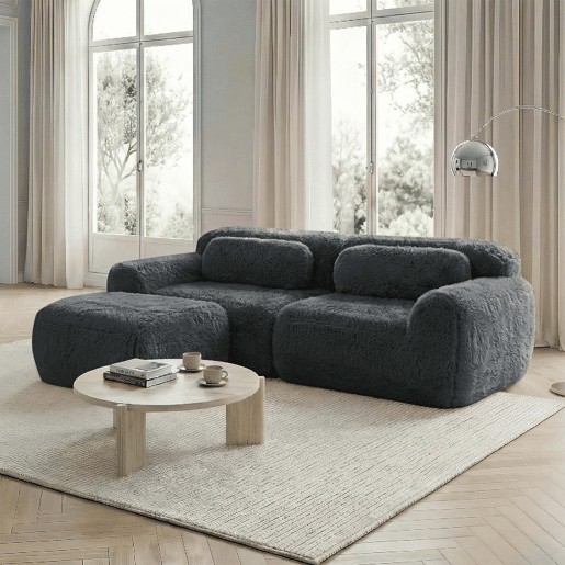 Sofá modular L de 2 lugares - veludo macio, almofadas, espuma elástica - Cinzento
