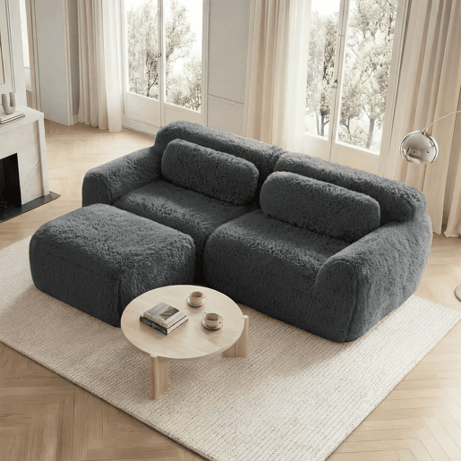 Sofá modular L de 2 lugares - veludo macio, almofadas, espuma elástica - Cinzento
