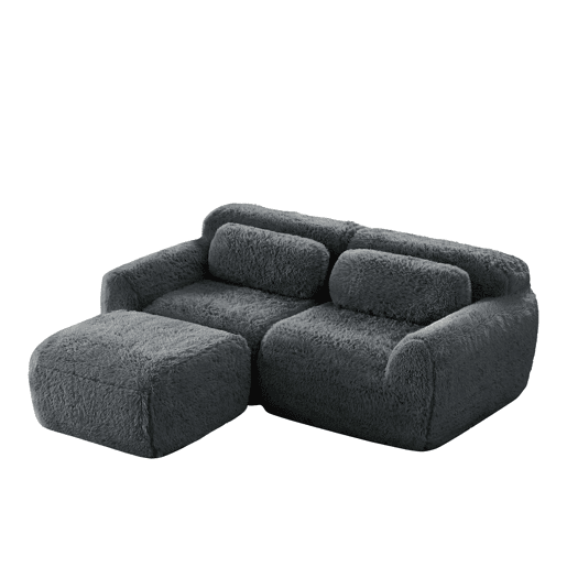 Sofá modular L de 2 lugares - veludo macio, almofadas, espuma elástica - Cinzento