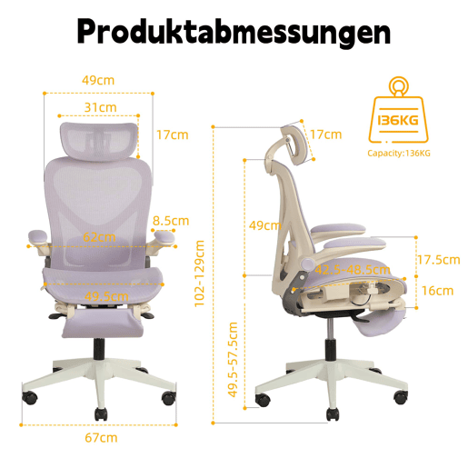 Cadeira de escritório ergonómica, dobrável e de tamanho reduzido - braços rebatíveis, apoio lombar, encosto totalmente em malha, apoio para a cabeça 3D, pedais de trabalho - cor roxa Cadeira de escritório ergonómica, dobrável e de tamanho reduzido - braços rebatíveis, apoio lombar, encosto totalmente em malha, apoio para a cabeça 3D, pedais de trabalho - cor roxa