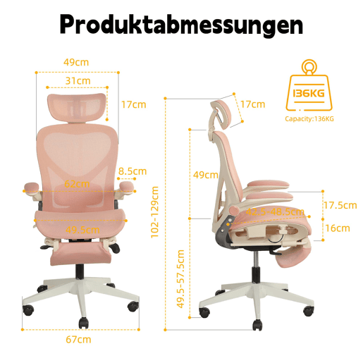 Cadeira de escritório ergonómica, dobrável e compacta - apoio lombar, assento totalmente em malha, braços dobráveis, apoio para a cabeça 3D, apoio para os pés - rosa Cadeira de escritório ergonómica, dobrável e compacta - apoio lombar, assento totalmente em malha, braços dobráveis, apoio para a cabeça 3D, apoio para os pés - rosa