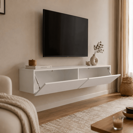 Móvel para TV Kaway de 180cm para Sala de Estar e Jantar, Branco Brilhante, com 2 Portas Articuladas de Abertura por Pressão.