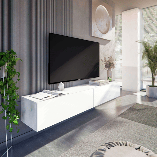 Móvel para TV Kaway de 180cm para Sala de Estar e Jantar, Branco Brilhante, com 2 Portas Articuladas de Abertura por Pressão.