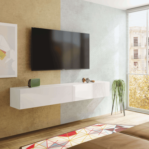 Móvel para TV Kaway de 180cm para Sala de Estar e Jantar, Branco Brilhante, com 2 Portas Articuladas de Abertura por Pressão.