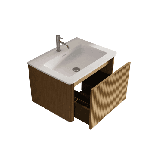 Móvel de casa de banho com lavatório de 61 cm u2013 suspenso, com lavatório em mineral fundido, design ranhurado, pré-montado u2013 cor carvalho natural Móvel de casa de banho com lavatório de 61 cm u2013 suspenso, com lavatório em mineral fundido, design ranhurado, pré-montado u2013 cor carvalho natural