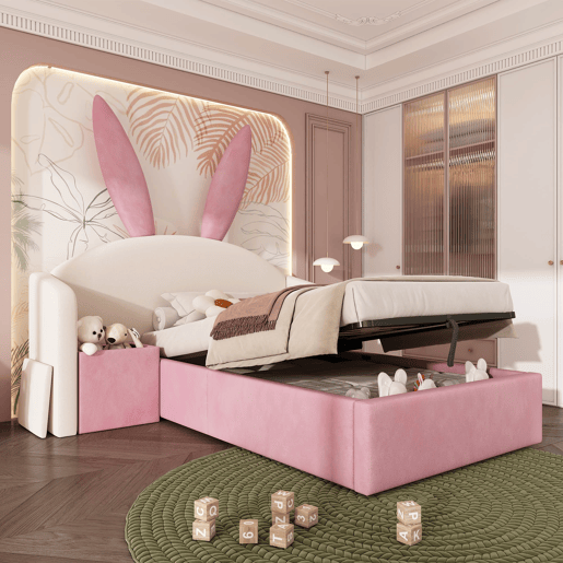 Cama juvenil 90x200 cm - Similpelle com arrumação hidráulica, mesinha e design com orelhas de coelho - Bege e Rosa