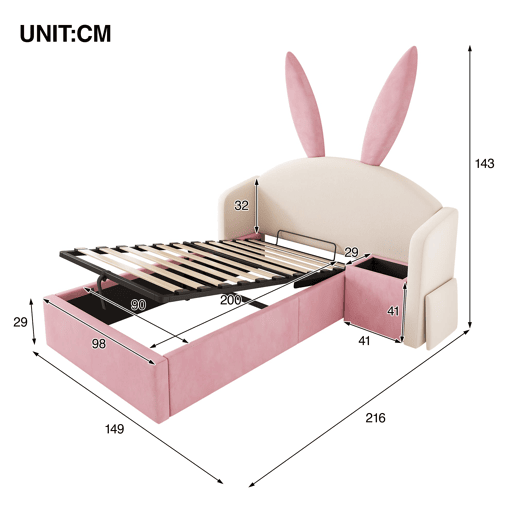 Cama juvenil 90x200 cm - Similpelle com arrumação hidráulica, mesinha e design com orelhas de coelho - Bege e Rosa
