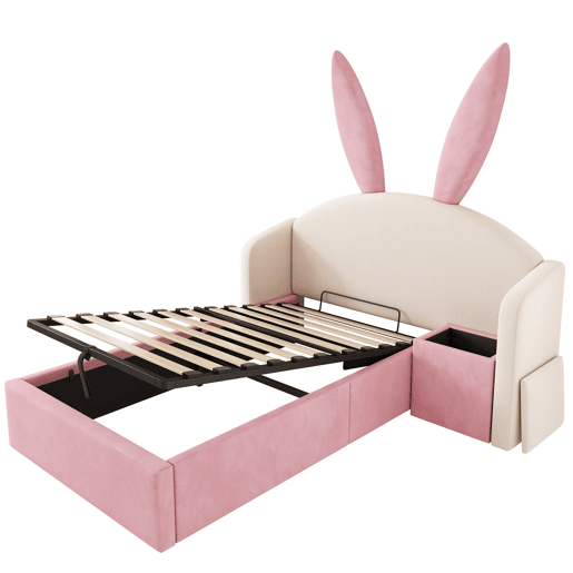 Cama juvenil 90x200 cm - Similpelle com arrumação hidráulica, mesinha e design com orelhas de coelho - Bege e Rosa