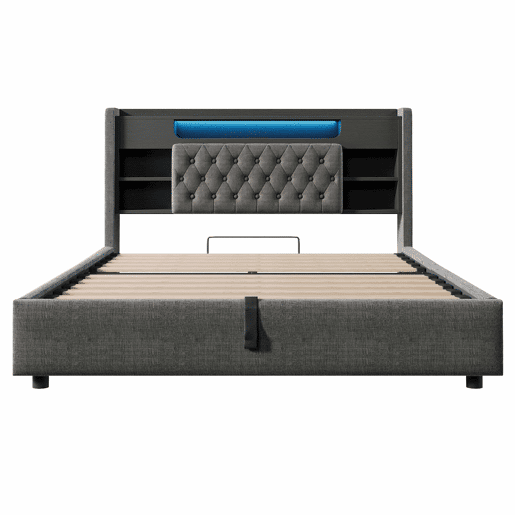 Cama estofada 140 x 190 cm - baú hidráulico, iluminação LED, porta-carregador USBType-C, cabeceira com prateleira e espaço de arrumação - cinzento Cama estofada 140 x 190 cm - baú hidráulico, iluminação LED, porta-carregador USBType-C, cabeceira com prateleira e espaço de arrumação - cinzento