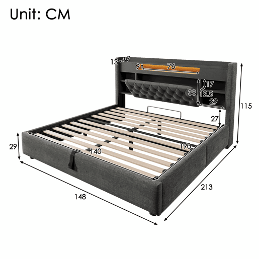 Cama estofada 140 x 190 cm - baú hidráulico, iluminação LED, porta-carregador USBType-C, cabeceira com prateleira e espaço de arrumação - cinzento Cama estofada 140 x 190 cm - baú hidráulico, iluminação LED, porta-carregador USBType-C, cabeceira com prateleira e espaço de arrumação - cinzento