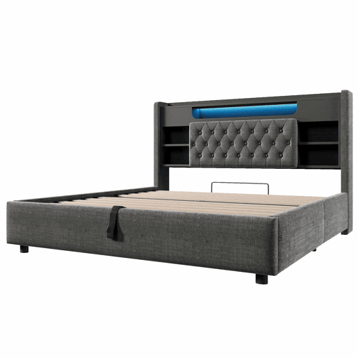 Cama estofada 140 x 190 cm - baú hidráulico, iluminação LED, porta-carregador USBType-C, cabeceira com prateleira e espaço de arrumação - cinzento Cama estofada 140 x 190 cm - baú hidráulico, iluminação LED, porta-carregador USBType-C, cabeceira com prateleira e espaço de arrumação - cinzento