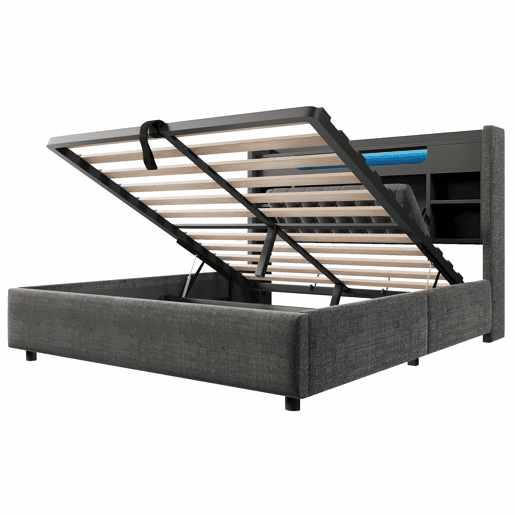 Cama estofada 140 x 190 cm - baú hidráulico, iluminação LED, porta-carregador USBType-C, cabeceira com prateleira e espaço de arrumação - cinzento Cama estofada 140 x 190 cm - baú hidráulico, iluminação LED, porta-carregador USBType-C, cabeceira com prateleira e espaço de arrumação - cinzento