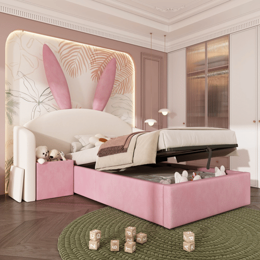 Cama juvenil 90x200 cm - Similpelle com arrumação hidráulica, mesinha e design com orelhas de coelho - Bege e Rosa Cama juvenil 90x200 cm - Similpelle com arrumação hidráulica, mesinha e design com orelhas de coelho - Bege e Rosa
