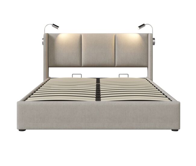 Cama tapizada 180x200 - con almacenamiento, led y usb - beige