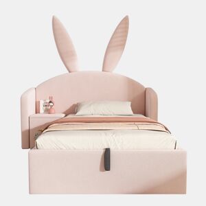 Cama infantil 90x190 cm - Cama estofada com arrumação e mesinha, design com orelhas de coelho, veludo - Rosa