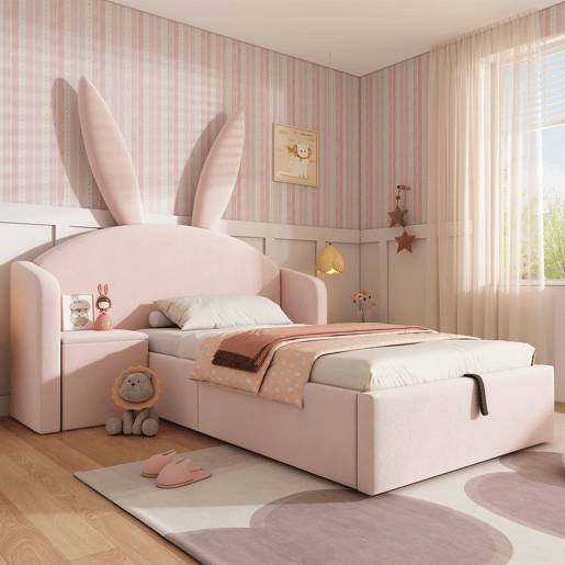 Cama infantil 90x190 cm - Cama estofada com arrumação e mesinha, design com orelhas de coelho, veludo - Rosa Cama infantil 90x190 cm - Cama estofada com arrumação e mesinha, design com orelhas de coelho, veludo - Rosa