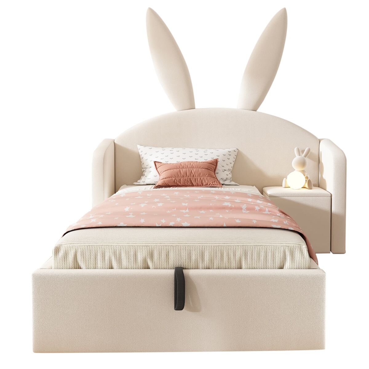 Cama tapizada 90x190 cm - cabecero con orejas de conejo, almacenamiento hidráulico y mesita de noche, terciopelo - beige