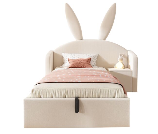 Cama tapizada 90x190 cm - cabecero con orejas de conejo, almacenamiento hidráulico y mesita de noche, terciopelo - beige