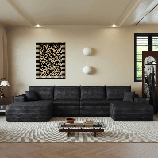 Sofá modular de canto de 340 cm - chaise longue em L, assento profundo, 4 lugares - Preto Sofá modular de canto de 340 cm - chaise longue em L, assento profundo, 4 lugares - Preto