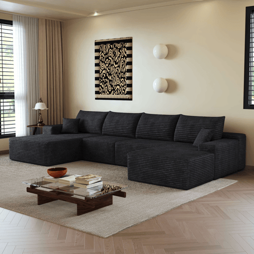 Sofá modular de canto de 340 cm - chaise longue em L, assento profundo, 4 lugares - Preto Sofá modular de canto de 340 cm - chaise longue em L, assento profundo, 4 lugares - Preto
