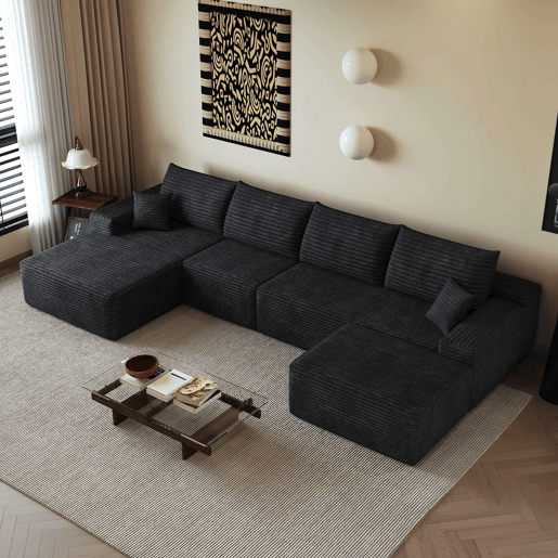 Sofá modular de canto de 340 cm - chaise longue em L, assento profundo, 4 lugares - Preto Sofá modular de canto de 340 cm - chaise longue em L, assento profundo, 4 lugares - Preto