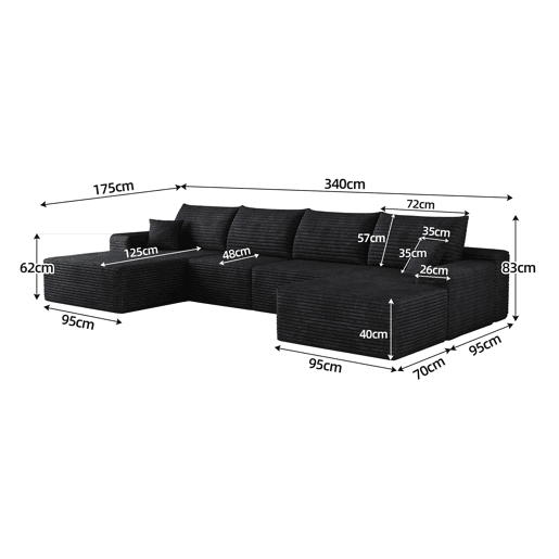 Sofá modular de canto de 340 cm - chaise longue em L, assento profundo, 4 lugares - Preto Sofá modular de canto de 340 cm - chaise longue em L, assento profundo, 4 lugares - Preto